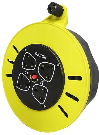 Four Socket Open Cable Reel Extension Lead with Winding Handle, Thermal Cut Out and Power Switch, 10 Metres High Visibility Cable, Yellow