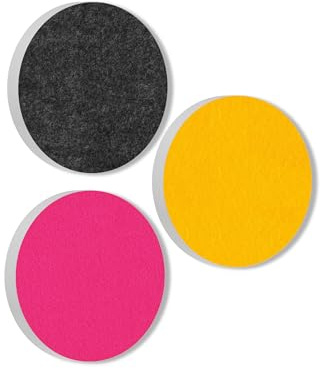 platino24 Akustikpaneele 3 Elemente Colore Kreis Ø 40 cm Anthrazit + Sonnengelb + Fuchsia I Schallabsorber aus Basotect G+ mit Akustikfilz I Schalldämmung Wand & Decke I Akustikelemente Wandpaneel