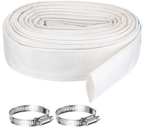 Rebower Pool Backwash Hose, 2 Inch x 98.4ft Reinforced Drain Hose PVC Lay Flat Water Discharge Pump Hoses for Pool Filter Swimming Pump, with 2pcs Clamps, White