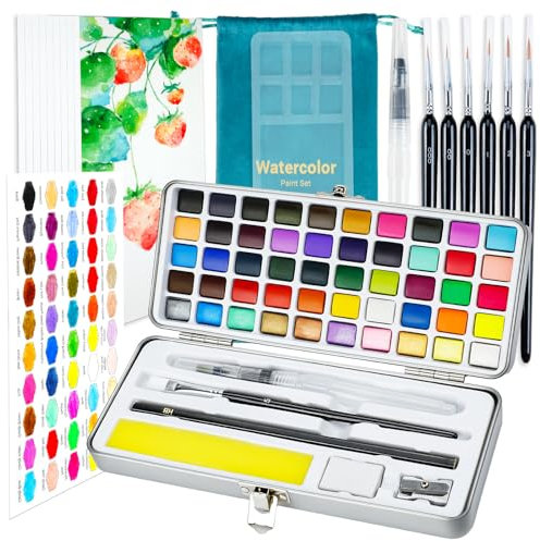APOGO Watercolour Paint Set, 50 Colours in Portable Box, Art Supplies for Adults/Kids, Travel Watercolour Set with Watercolour Papers, Brushes and Tools, Idea for Beginners, Artists and Hobbyists