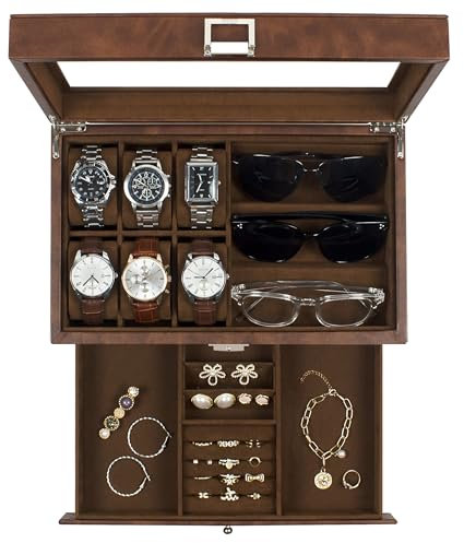 KILHS Uhrenbox, 6 Fächer, Uhrenetui, 3 Fächer, Brillen-Organizer, Herren-Schmuckschatulle mit transparentem Glasdeckel, doppellagig mit Schlüsselschloss, Geschenk, Braun