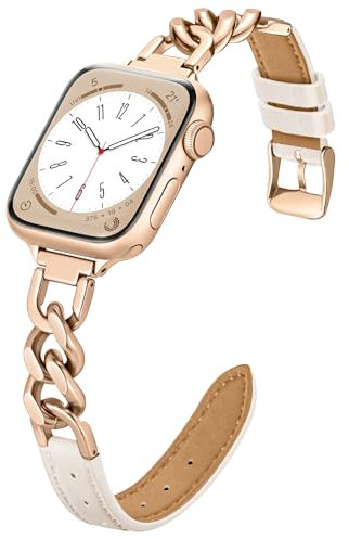 wipalor Chain Leather iWatch Strap for Apple Watch Straps 38mm 40mm 41mm 42mm(Series 10), Slim Cowboy & Dressy iWatch band for Apple Watch Straps Women Series 10 SE 9 8 7 6 5 4 3, Rose Gold/Beige