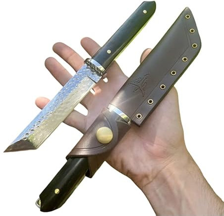Obespina Couteau Artisanal Lame Acier Martelé Damas Tanto Style Japonais Camping Edc Chasse Pour Collection Cadeau Homme