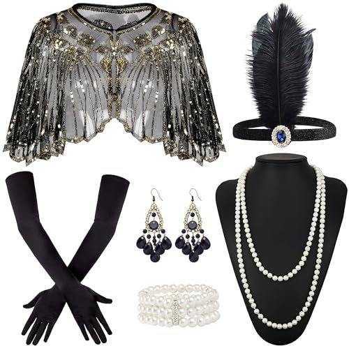 Amlisia 1920s Flapper Zubehör für Frauen, Great Gatsby Zubehör für Frauen Roaring 20s Zubehör 1920 Zubehör Frauen mit Pailletten Flapper Schal 1920s Kopfteil Perle Armband Halskette