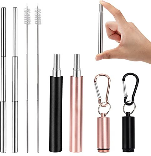 Pajitas De Acero Inoxidable Reutilizables Pajitas Telescópicas con Cepillos De Limpieza Estuche Mosquetón Portátil para Beber Viajar Oro Rosa Negro 2 Juegos