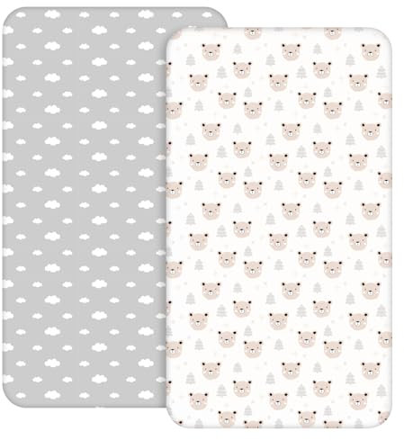 2 Stück Jersey Spannbetttuch für das Kinderbett, 100% Mikrofaser- Atmungsaktiv, 120 x 60cm Öko-text100 Gemütliche und leichte Baby Bassinet Laken, Passend für alle Matratzenformen(Bär)