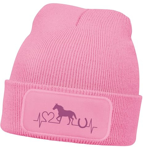 MoonWorks® Wintermütze Kinder Beanie für Mädchen mit Patch Pferdemädchen Aufdruck Reiten Print Strickmütze