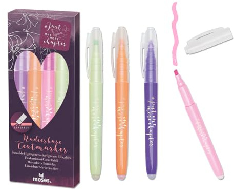 moses. Just one more chapter, Highlighter Set mit 4 radierbaren Textmarkern in Rosa, Mint, Flieder und Apricot, ideal zum Lesen, Markieren & Verschenken