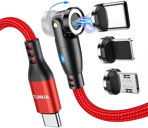 TUNKIA 60W Magnetic Charging Cable 9Pin, 3 in 1 USB C to USB C Magnetic Phone Charger Cable 2M, 540° Charging & Data USB Cable for Type C, Micro USB, iProducts, Laptop,Smartphone (Red)