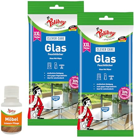 POLIBOY XXL Glas Feuchttücher - Streifenfreie Reinigungstücher für Glasoberflächen - Praktische Fenstertücher - 2x 24 Tücher - Mit Produktprobe - Made in Germany
