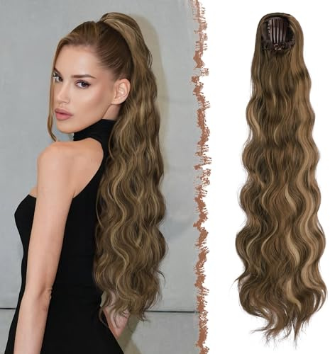 FESHFEN Pferdeschwanz mit Kordelzug Synthetik Wellen Zopf Haarteil, 75 cm | Comb Clip in Ponytail Extension für Damen, Hitzebeständig Natürlich Haarzopf für Karneval Alltag, Braun Mix Honigblond