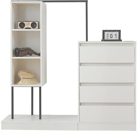 fullarrive Kleiderschrank mit 4 Schubladen und Kleiderstange Sideboard Aufbewahrungsschrank weiß 140x40x135 cm für Flur Schlafzimmer