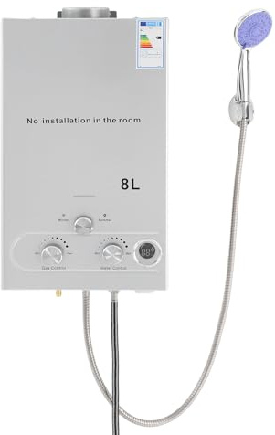 LPG Elektronischer Durchlauferhitzer, Sofortige Warmwasser mit Duschkopf & Schlauch, Mobiler Gaswasserheizer für Camping, Wohnwagen und Garten Hohe Effizienz (≥80.8%), Einfache Montage (Silber, 8L)