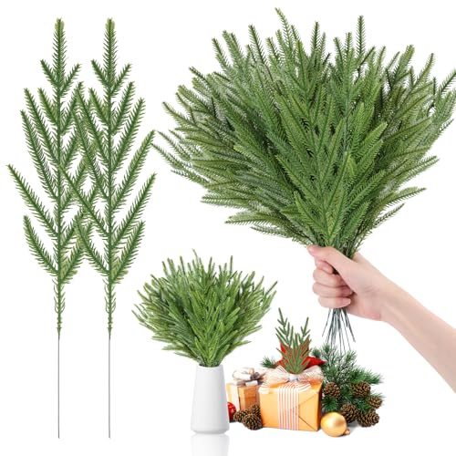 Kuvarix 30 Pièces Branche de Sapin Artificiel, Décoration de Branches de Pin en Plastique 37 cm, Fausse Tige de Sapin pour Bricolage, Arbre de Noël, Guirlande de Noël, Vase, Décoration de Jardin