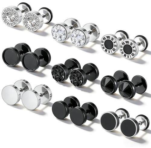 IANFAN 9 Pairs Fake Gauge Earrings, Stainless Steel Stud Earrings Faux Gauge Earring Round Cheater Plug Earring for Men Women