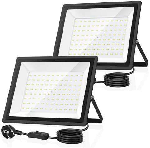 GGTU 100W LED Strahler Außen ，11000LM 6500K IP66 mit Stecker | Effiziente Kühlung & 85% Energie sparen – Flutlicht für Garten, Hof, Garage, Werkstatt, Parkplätze & Co (2 Stück)