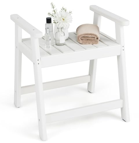COSTWAY wasserdichter Duschhocker HDPE, Bad Sitzbank Badhocker mit Ablage & Doppelgriffen, Duschbank bis 150 kg belastbar, Badezimmerbank Duschsitz rutschfest für Badezimmer (58 x 52 x 61,5 cm, Weiß)
