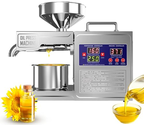 Moubhjd Professional 1200W Oil Press Machine, Food Grade 304 Stainless Steel, Electric Hot/Cold Press for Home & Commercial Kitchen, Extract Oil from Peanuts, Sesame, Sunflower Seeds