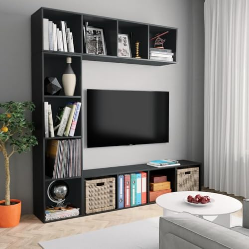 Fangmaliuyun 3-TLG. Bücherregal 180x30x180 cm Schwarz, 12 Fächer, Wand-TV-Schrank Holz, Living/Bedroom