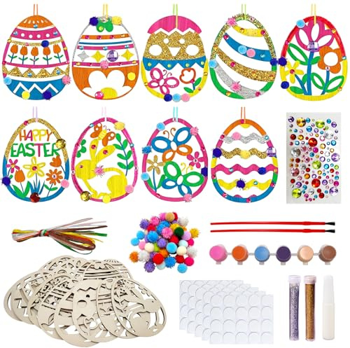 Ostern Basteln Kinder - 189-teiliges Holzbastelset, DIY Osterdeko, Holz Ostereier zum Bemalen, Kreativset für Kinder mit Eiern, Anhängern, Malstiften, Farben, Schnur, Pompons, Klebepunkten & Strasssti