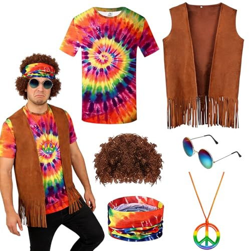 XILEPINGAN Hippie Kostüm Herren Damen Set, 60er 70er 80er Jahre Outfit Herren,Accessoires Bekleidung mit T-Shirt Hippie Brille Kette Perücke Stirnband,Hippie Kleidung Faschingskostüme Karneval