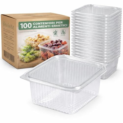 ecodrinks - 100 Contenitori per Alimenti Ermetici - Vaschette Quadrate Impilabili per Pasta, Frutta e Verdura - Adatti a Frigo e Freezer con Coperchio Salvafreschezza (1000 ml)