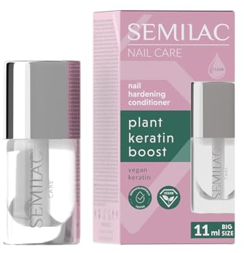 Semilac Plant Keratin Boost Balsamo per unghie 11 ml – Cura & Base Coat per unghie fragili, con cheratina vegana, rinforza e rigenera