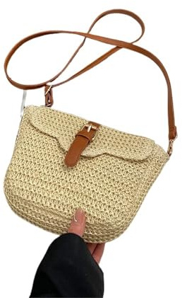 Borsa Mare Borse a tracolla da donna, borse a estive intrecciate, alla moda fatte a mano in corda di carta, semplici tracolle regolabili(Beige)