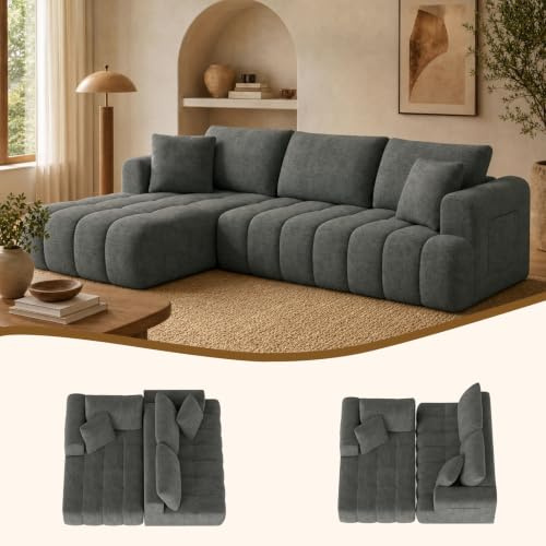 HAUSPROFI Modulares Ecksofa L-Form mit Schlaffunktion,Schlafsofa,Dunkelgrau | Chenille, modular,Schlafsofa, breite Armlehnen, Seitentaschen, montagefrei, perfekt für Wohnzimmer und Gästeübernachtung