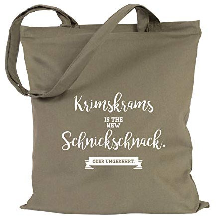 JUNIWORDS Jutebeutel, Wähle ein Motiv & Farbe, Krimskrams is the new Schnickschnack. Oder umgekehrt (Beutel: Khaki, Text: Weiß)