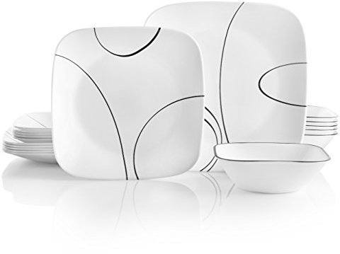 Corelle Juego de vajilla de 18 piezas, líneas simples, blanco y negro para 6, vajilla resistente a las astillas, incluye platos cuadrados de 26 cm, platos cuadrados de ensalada de 17 cm y cuencos