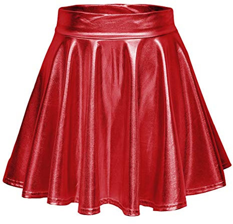 EXCHIC Donna Lucido Metallico Liquido Mini Gonna Moda Festa Cosplay Elastico Svasata Gonna(S, Rosso)