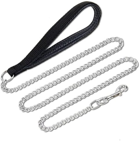 PETTOM Hundeleine Stark Metall Kettenleine, Übungsleine mit PU Leder und Gepolstertem Nylon-Griff, Trainingsleine Für Kleine Mittlere und Große Hunde (L: 0.4cm*180cm) Silber