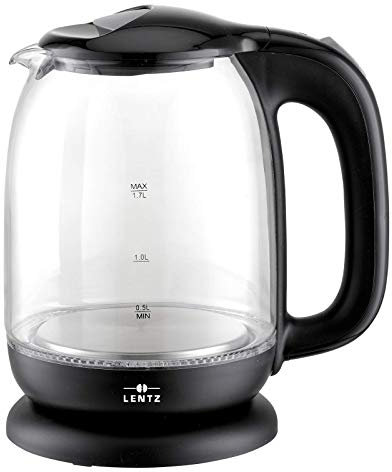 Lentz 1,7 Liter Glas-Wasserkocher mit LED-Beleuchtung kabelloser Glaswasserkocher mit 2200 Watt (Schwarz)