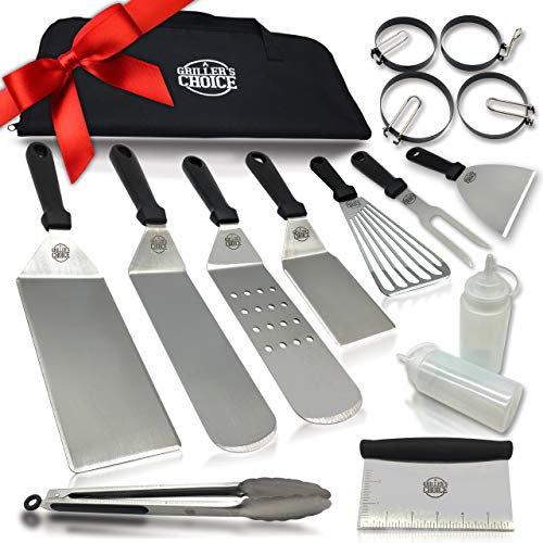 Grillers Choice Griddle Accessories Set Metal Spatulas - Commercial Heavy Duty Stainless Steel,Flat Top,Grill,Indoor-Outdoor,Hibachi,BBQ Grilling Utensils- Designed by Chef and BBQ Judge (16 Piece)