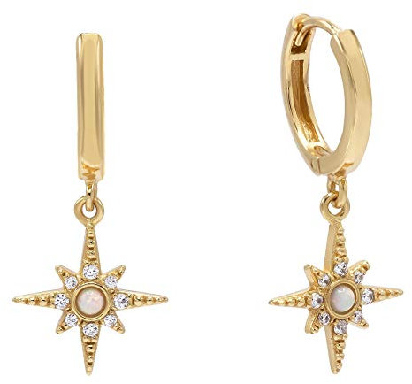 Brandlinger ® Opal Ohrringe Silber 925 hängend. Creolen mit Anhänger Stern. Schmuck Damen vergoldet mit 18 Karat (Silber und Gold) für Frauen und Mädchen. Durchmesser der Creolen 13mm.