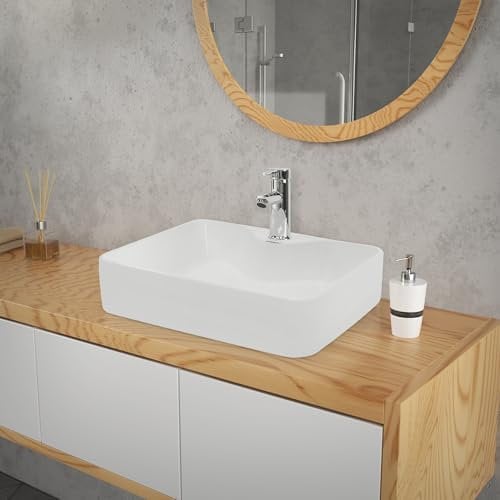 ECD Germany Design Waschbecken Waschtisch 480 x 380 x 140 mm aus Keramik Weiß - Aufsatzbecken Aufsatzwaschbecken Handwaschbecken Aufsatzwaschtisch Spülbecken Wasserfall Waschschale Waschschüssel