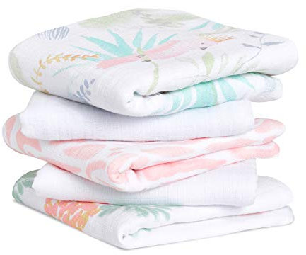 aden + anais essentials musy Spucktücher, Mulltücher-Set für Neugeborene & Kleinkinder, 100% Baumwoll-Musselin Mehrzweck-Babytücher für Mädchen & Jungen, 60x60cm, 5er Pack, Tropicalia