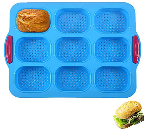 KeepingcooX Mini-Baguette-Backblech, 34 x 24 cm, Antihaft-Lochblech | Brot Crisping Tray, Laib Backform, French-Bread mit köstlichen knusprigen Krusten, mit Rosenformen, Blau
