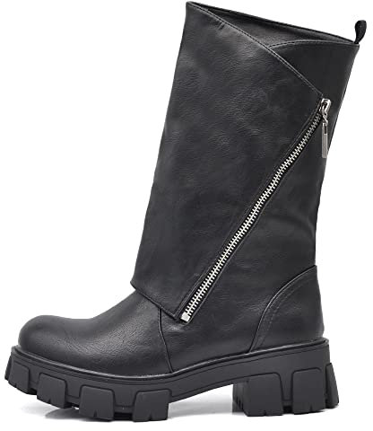IF Fashion Scarpe Stivali da Donna Al Polpaccio Largo Biker Motociclista Con Zip Platform Anfibi 881 Nero N.38