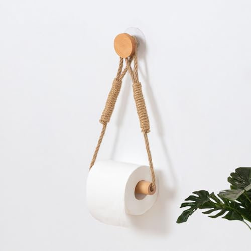 Wood & Rope Wall Toilet Paper Holder, Rustic Tissue Rolls Paper Holder Wall Mounted, Graceful and Nautical Bathroom Accessories with Self-Adhesive Seamless Screw