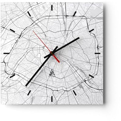 Modern Wanduhr Stadt Karte Paris 30x30cm Quadrat Klein Wand Uhr Glas Analog Zimmeruhren Küche Büro Wohnzimmer Glasuhr Wall Clock Dekoration Design Wanddekoration Küchenuhr C3AC30x30-4868