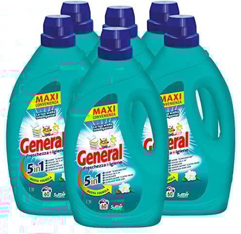 6x detersivo liquido General Freschezza+Igiene 5in1 per Lavatrice 60 Lavaggi - 6 Flaconi da 2,7L ciascuno