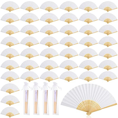 50 Stück Hochzeit Fächer mit 50 Stück Organza Beutel Weiß Faltbar Papier Fächer Bambus Hand Fächer Vintage Taschenfächer für DIY Braut Tanzen Requisiten Party Gasgeschenke