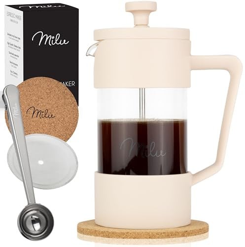 Milu French Press Kaffeebereiter | 350ml, 600ml, 1L | Glas Kaffeepresse, Kaffeezubereiter für Zuhause Reisen Camping inkl. Untersetzer, Löffel, Ersatzfilter (Beige, 1000ml (5 Tassen)