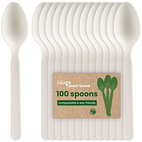 HAAGO - 100 Löffel Besteck Set - Wiederverwendbares, spülmaschinenfestes Hochleistungsbesteck für Partys, Hochzeiten, Veranstaltungen, für heiße & kalte Speisen - Weiß 15,5cm