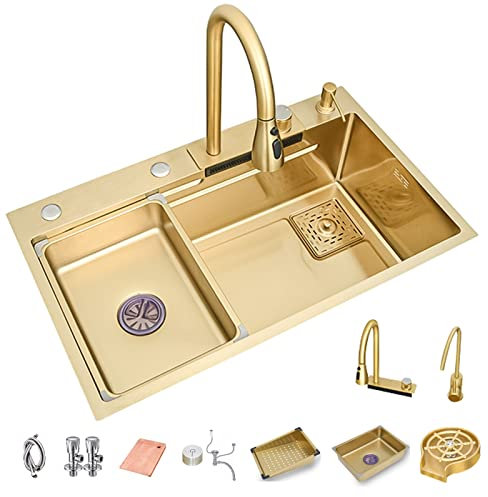 Gold Waterfall Kitchen Sink - Stainless Steel Single Bowl - Drop In/Undermount - Modern - Gold - 68x45cm