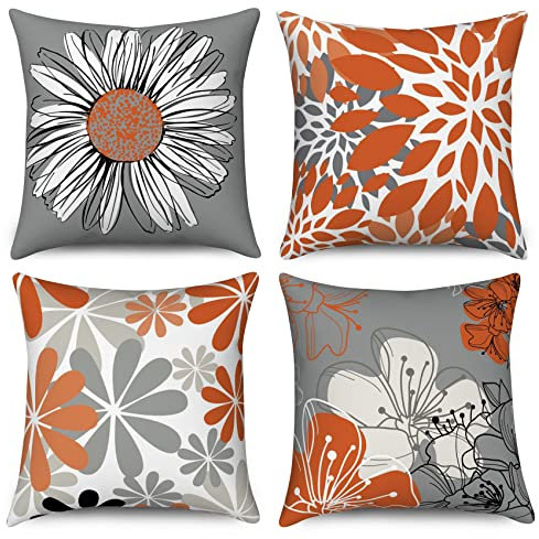 ASDCXZ Orange Kissenbezug 45x45 cm 4er Set, Nordeuropa Modern Blumen Orange Grau Sofa Dekokissen Kissenbezüge Kissenhülle Waschbar Polyester Leinen Textil Polster Kopfkissenbezug Kissen Bezug