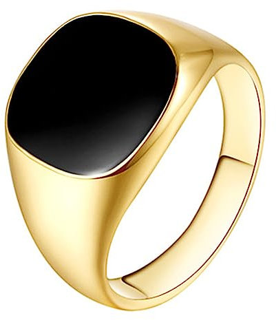 PAMTIER Herren Edelstahl Siegel Pinky Ring Schwarz Emaille Einfaches Schlichtes Ehering Quadratische Form Gold Größe 54