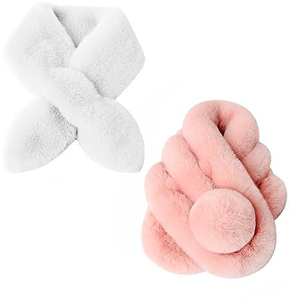 Sciarpa da Collo due pezzi per Donna Invernale Pelliccia Sintetica Sciarpa Pompon Pelliccia Sintetica Caldo e Morbido Sciarpa con Sfera Morbida,rosa+bianco